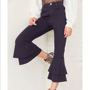 BDG black crop tier ruffle hem flare leg jeans